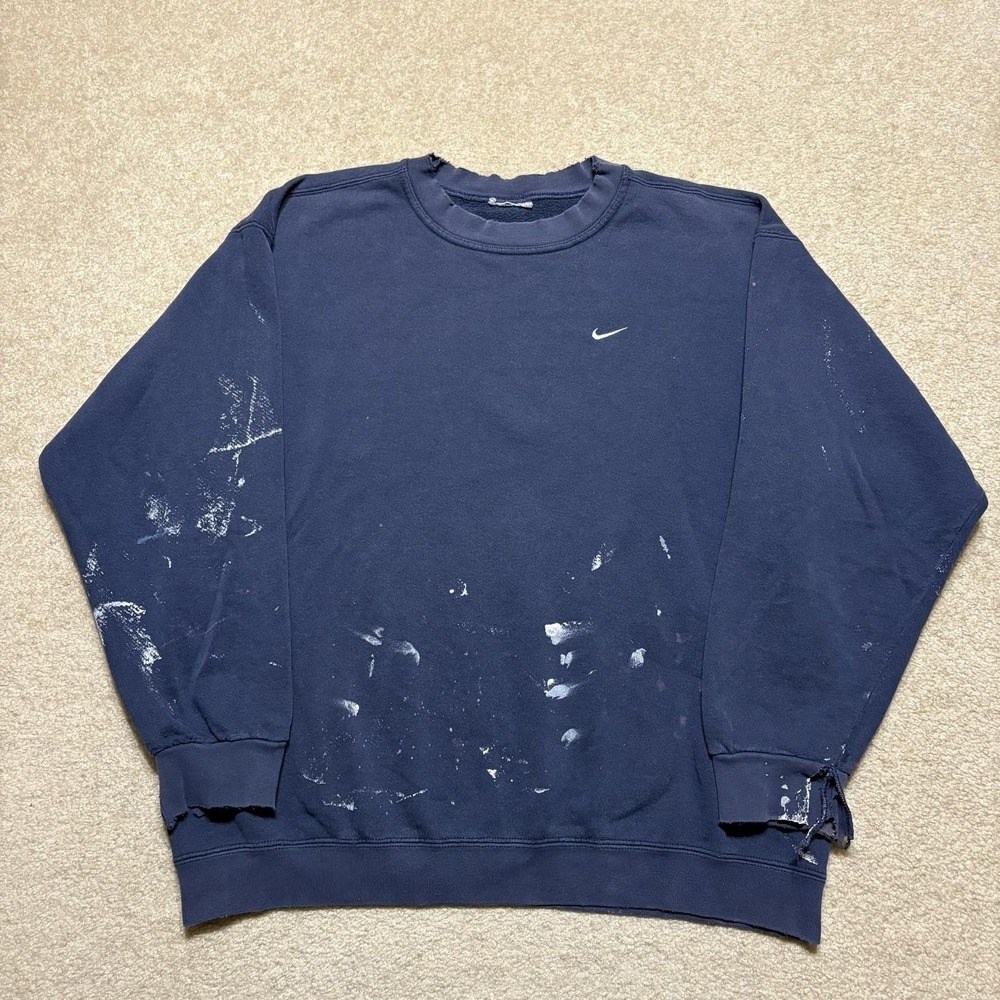 Vtg Nike Sweatshirt Large Blue Swoosh Paint Splatter Distressed Crewneck‎ 90s